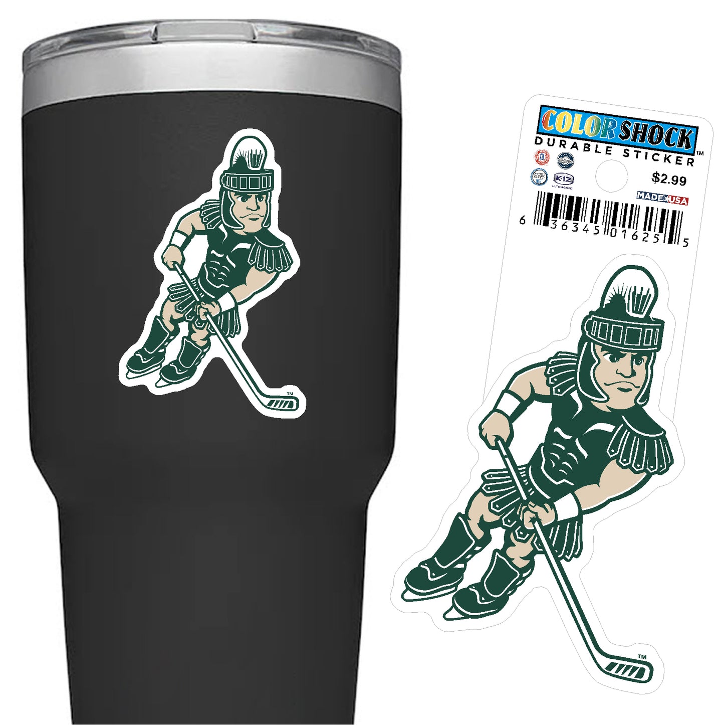 Green, white, and beige sticker shaped like the MSU mascot Sparty, playing hockey. 