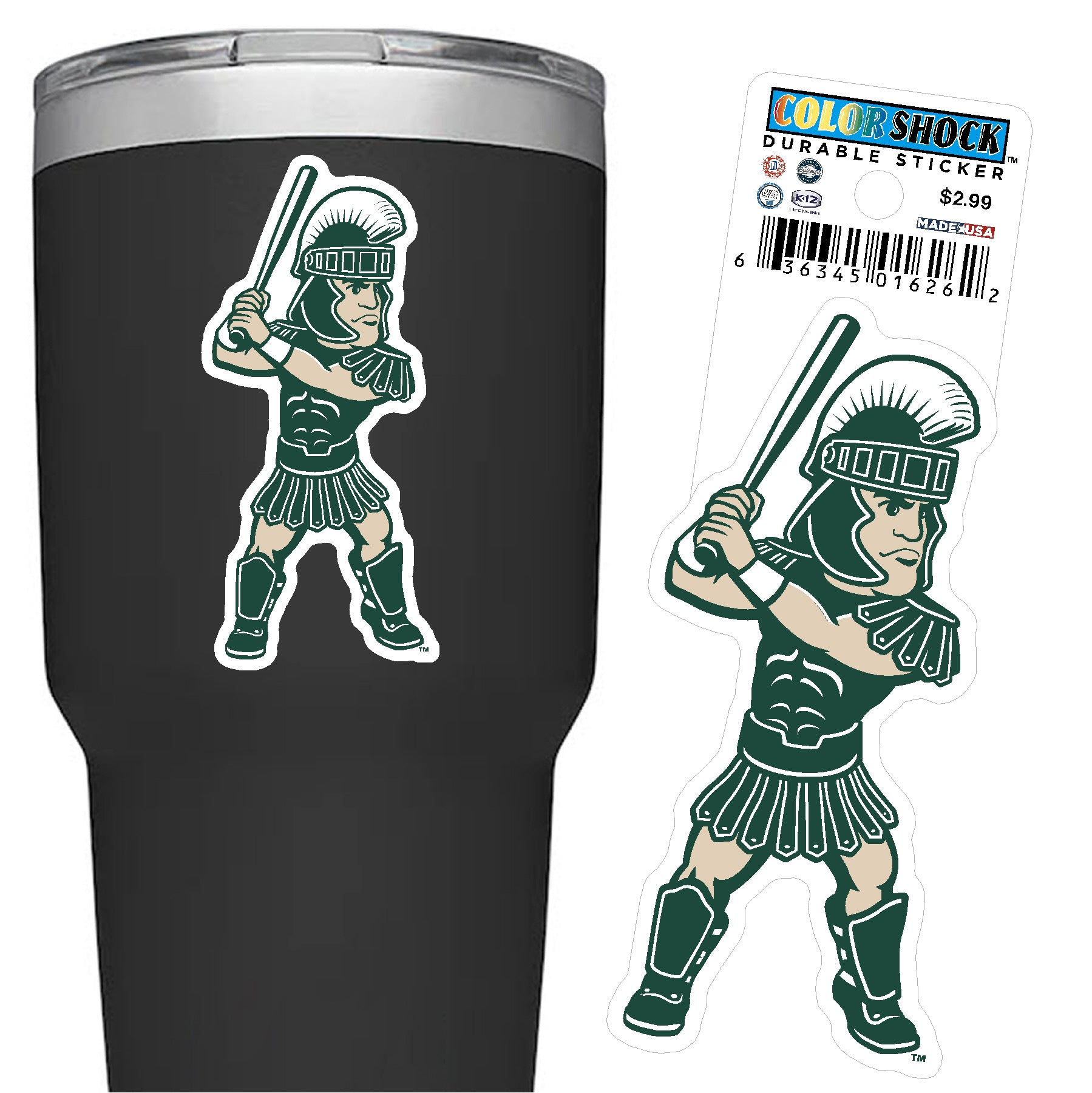 Green, white, and beige sticker shaped like the MSU mascot, Sparty, holding a baseball bat over his shoulder.