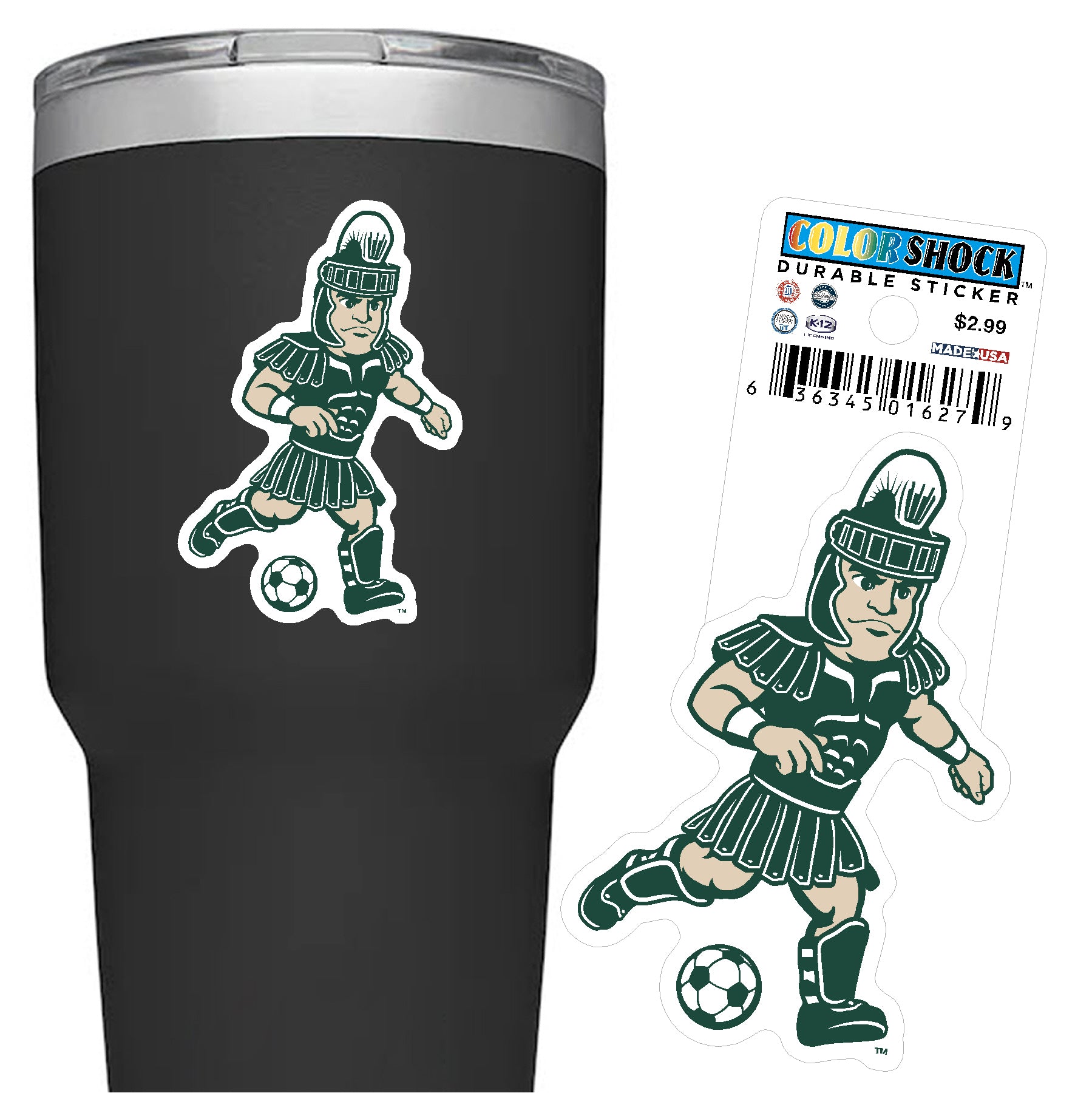 Green, white, and beige sticker shaped like the MSU mascot, Sparty, kicking a soccer ball. 