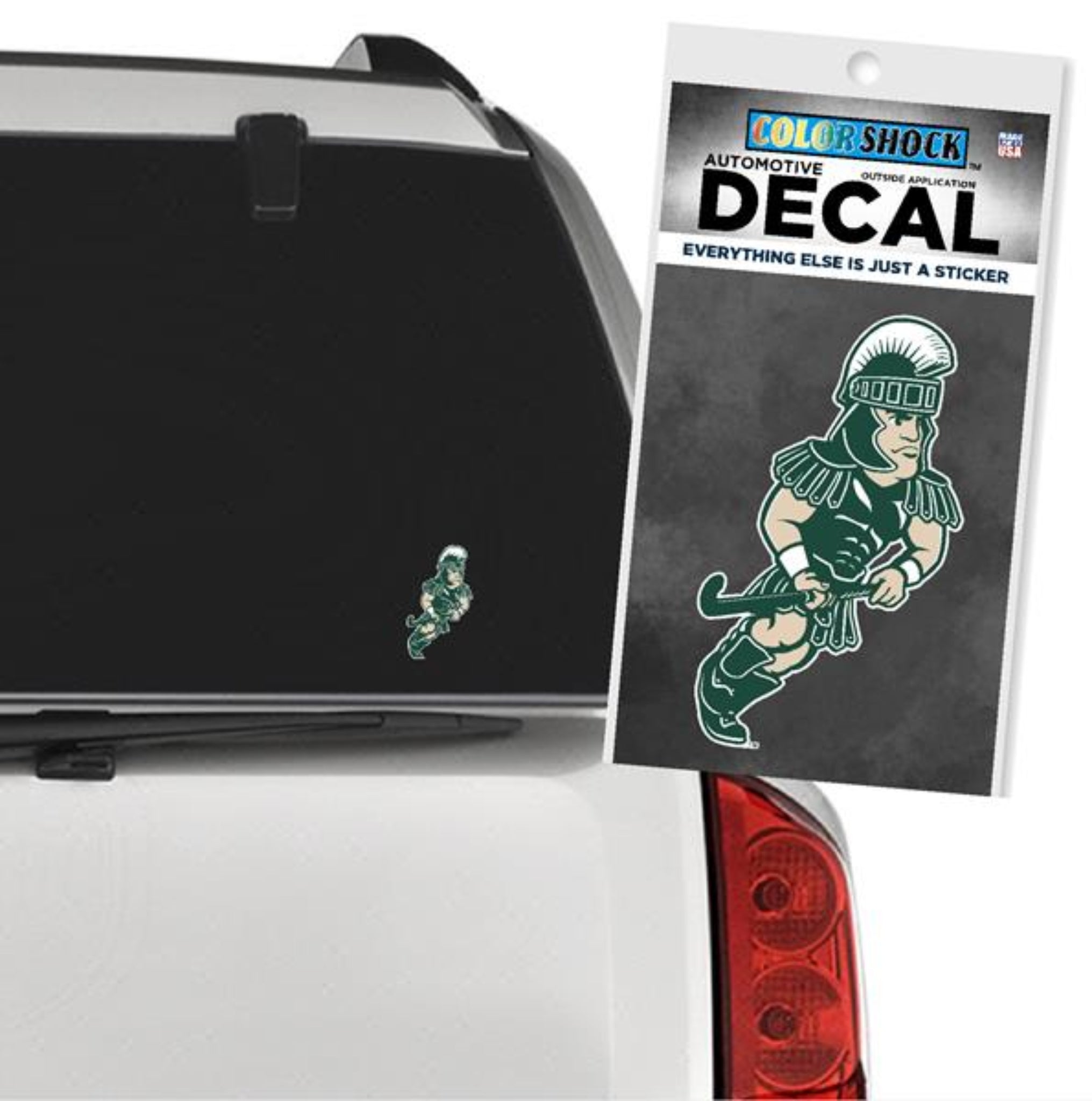 A car decal of Sparty playing field hockey.