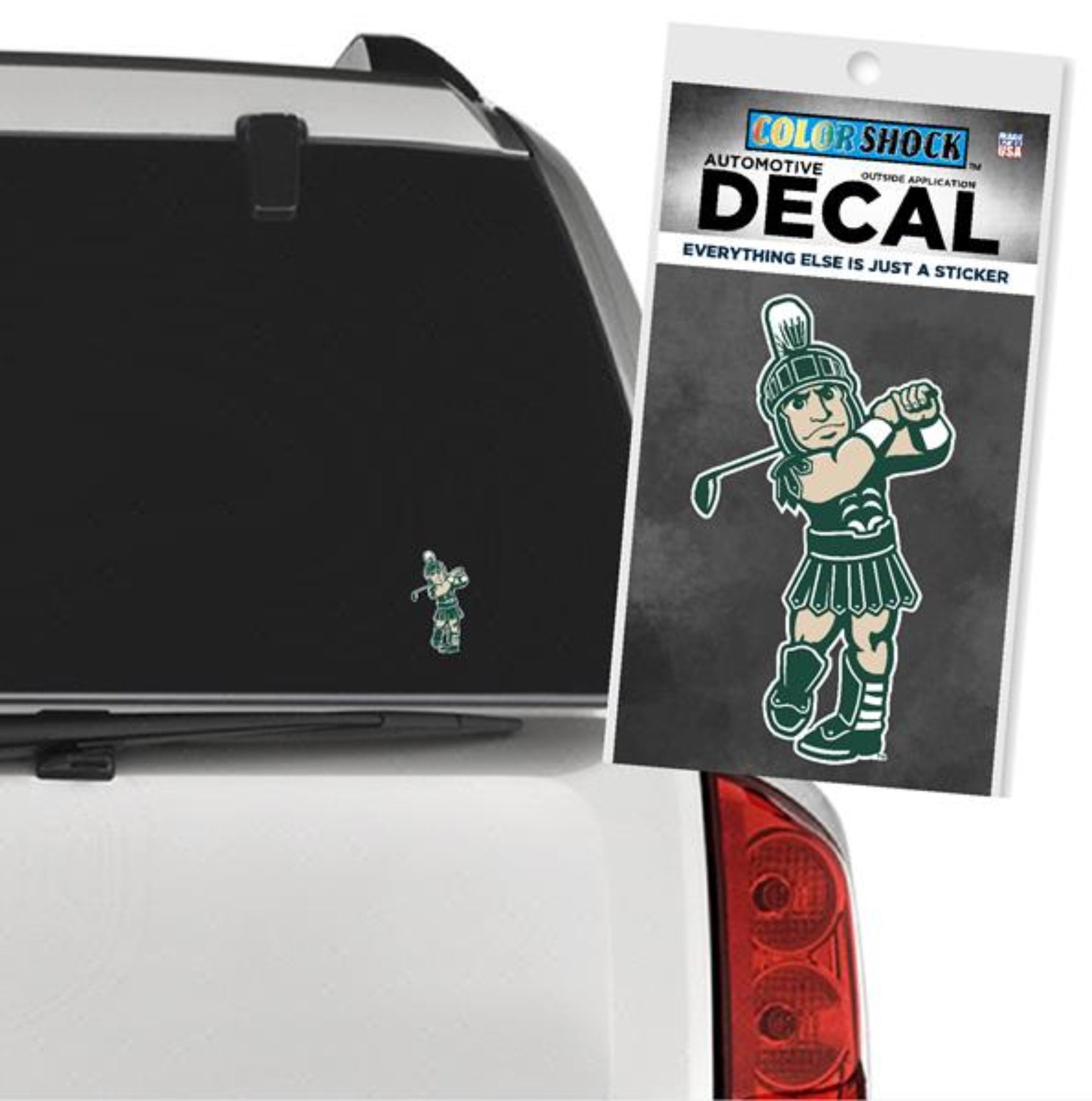 A car decal of Sparty playing golf.
