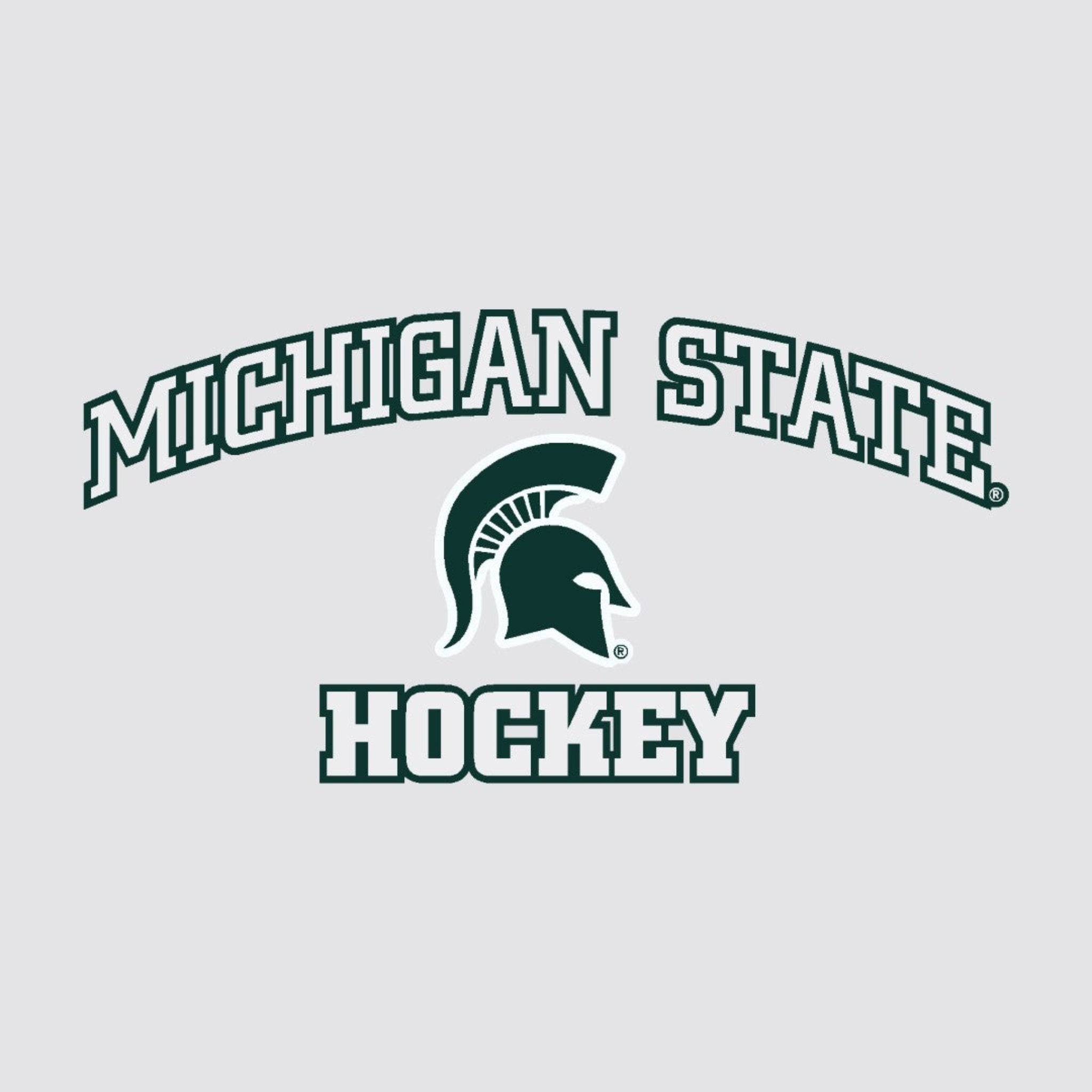 A decal that reads "Michigan State Hockey" in white around a green Spartan helmet logo.
