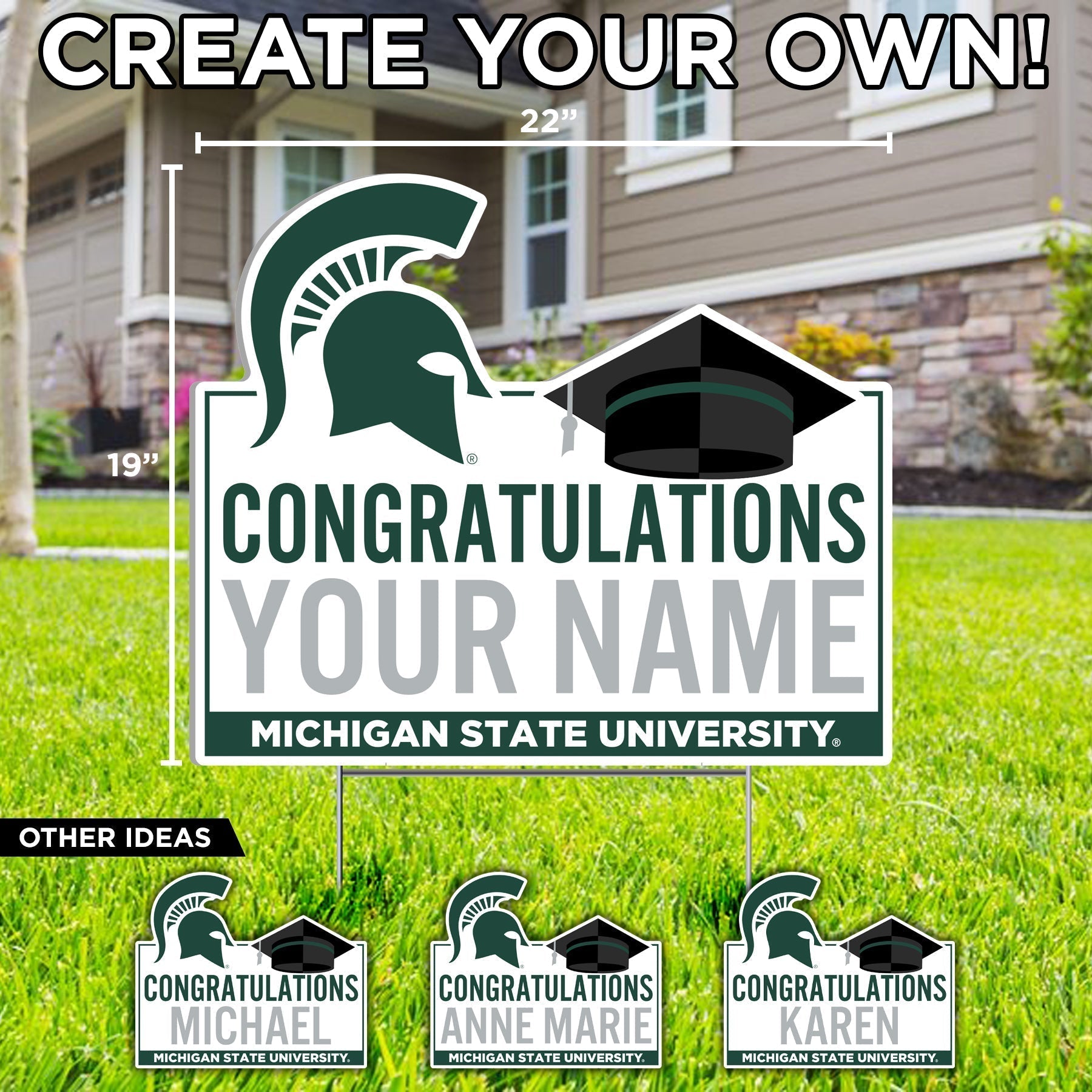 A white customizable yard sign with 'CONGRATULATIONS' text in green, a black graduation cap, and a Michigan State Spartan helmet in green at the top. At the bottom is a green stripe with the words 'Michigan State University' in white.