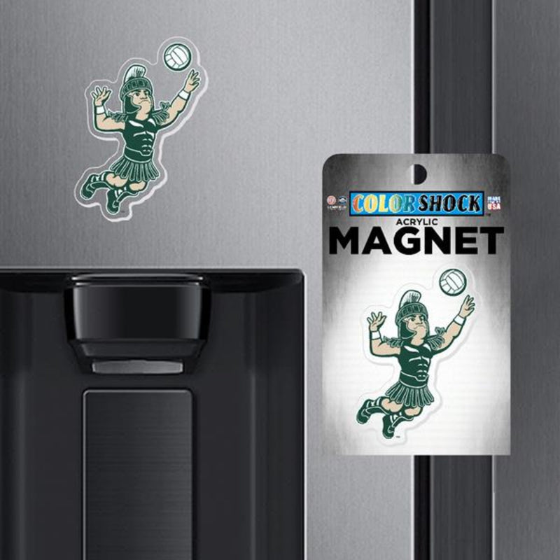 Volleyball Sparty magnet placed on a kitchen appliance. 