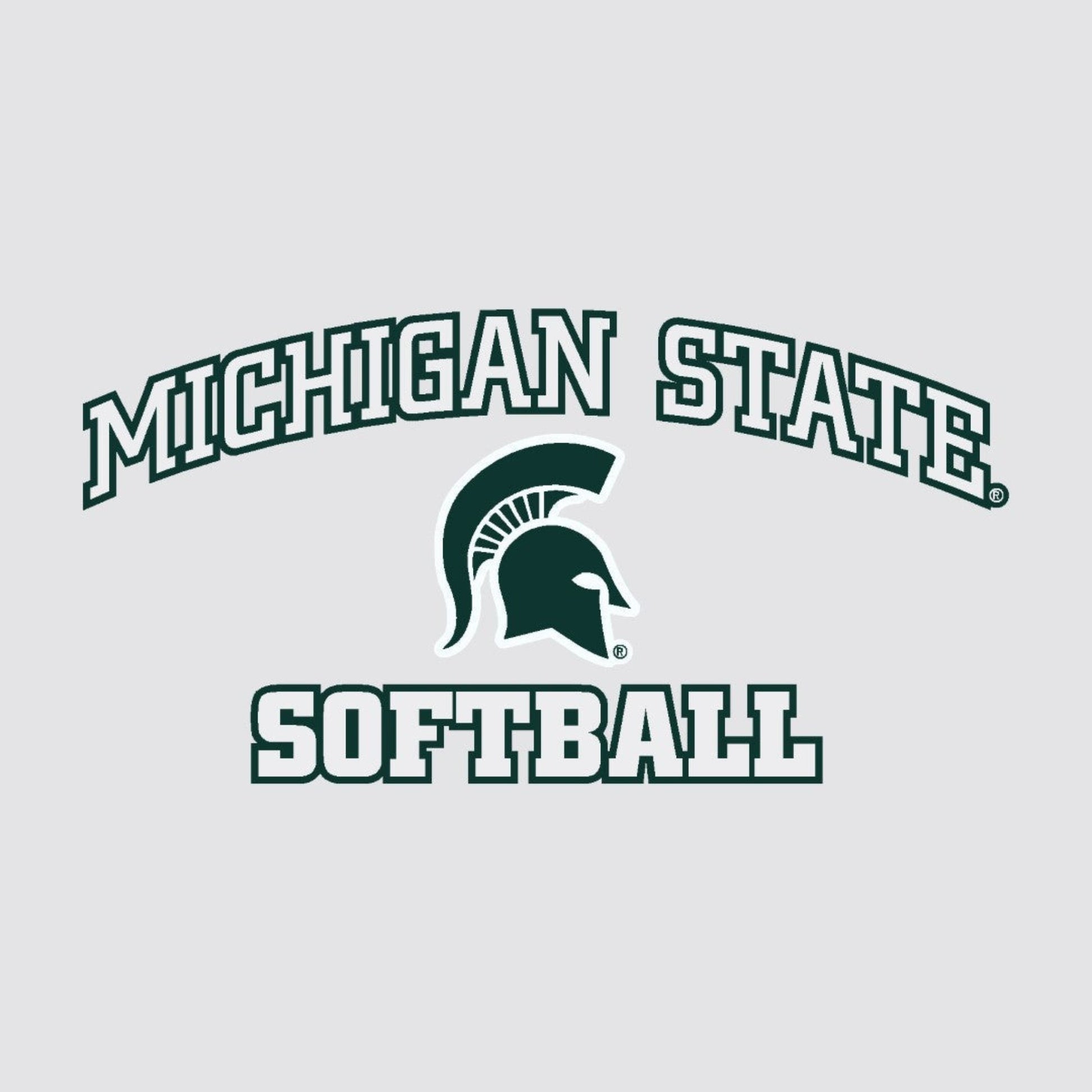 A decal that reads "Michigan State Softball" in white around a green Spartan helmet logo.