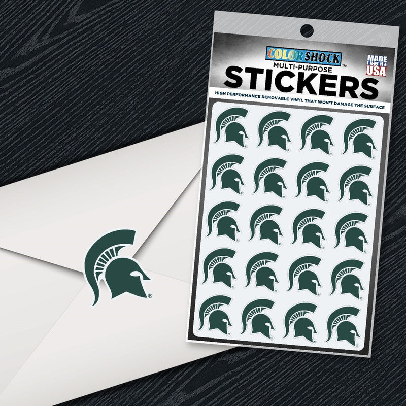 Sticker sheet labeled 'COLOR SHOCK MULTI-PURPOSE STICKERS' featuring 20 identical green Spartan helmet logos representing Michigan State University. The stickers are arranged in four rows of five.