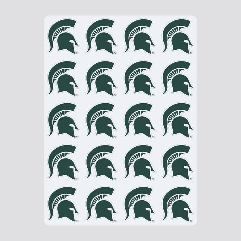 Sticker sheet labeled 'COLOR SHOCK MULTI-PURPOSE STICKERS' featuring 20 identical green Spartan helmet logos representing Michigan State University. The stickers are arranged in four rows of five.