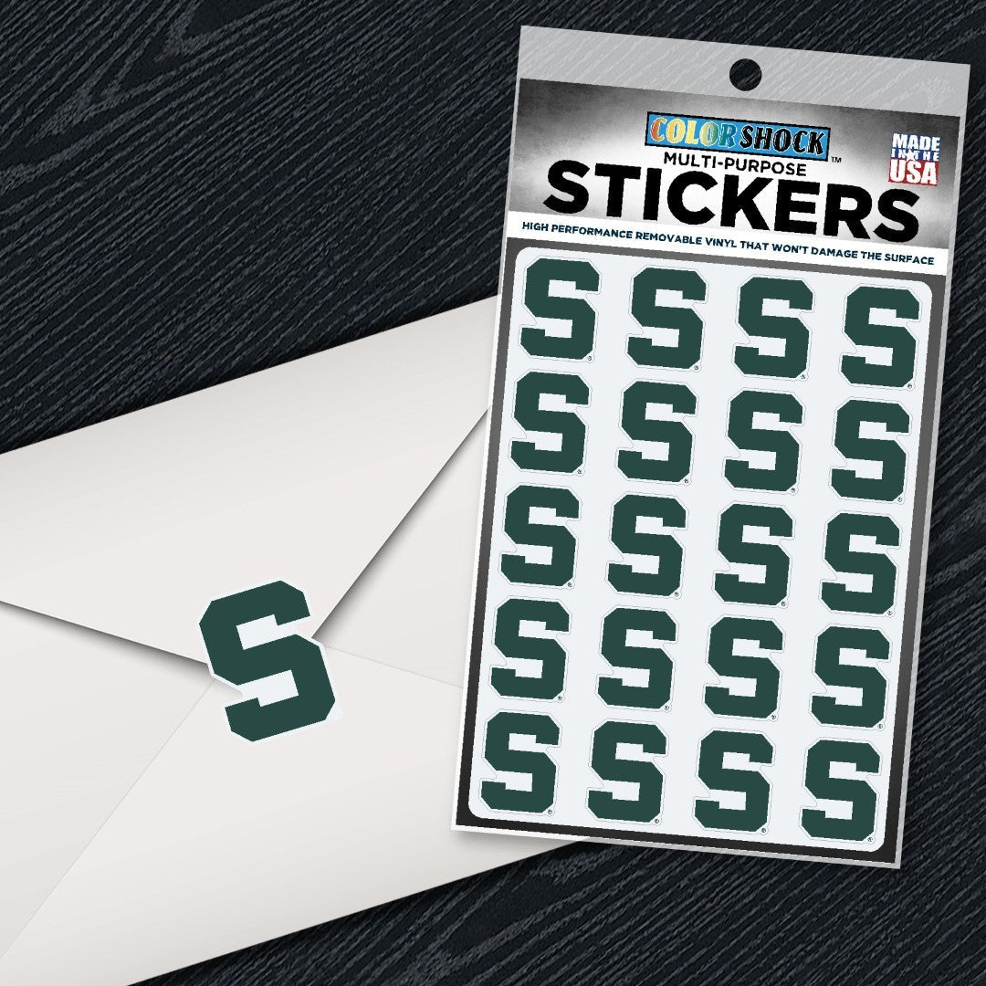 Sticker sheet labeled "Color Shock Multi-purpose Stickers" featuring 20 identical green Spartan S logos, representing Michigan State University. The stickers are arranged in four rows of five.