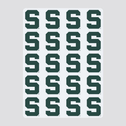 Close up of a sticker sheet labeled "Color Shock Multi-purpose Stickers" featuring 20 identical green Spartan S logos, representing Michigan State University. The stickers are arranged in four rows of five.
