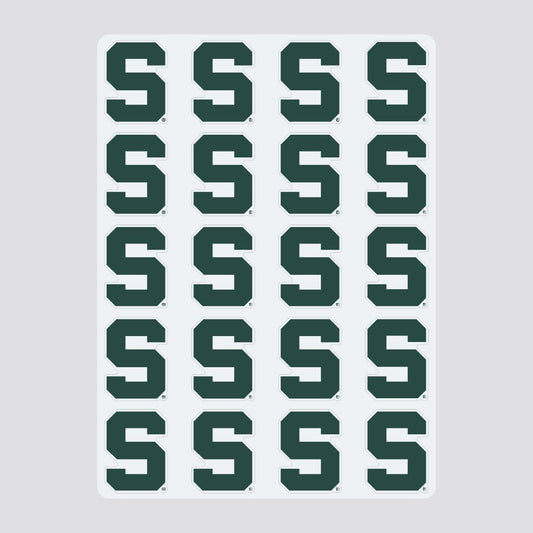 Close up of a sticker sheet labeled "Color Shock Multi-purpose Stickers" featuring 20 identical green Spartan S logos, representing Michigan State University. The stickers are arranged in four rows of five.