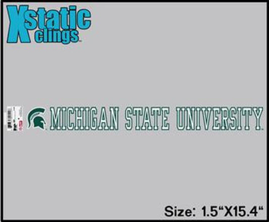 Decal that is white and outlined in green. Starts with Spartan Helmet and is followed by "Michigan State University."