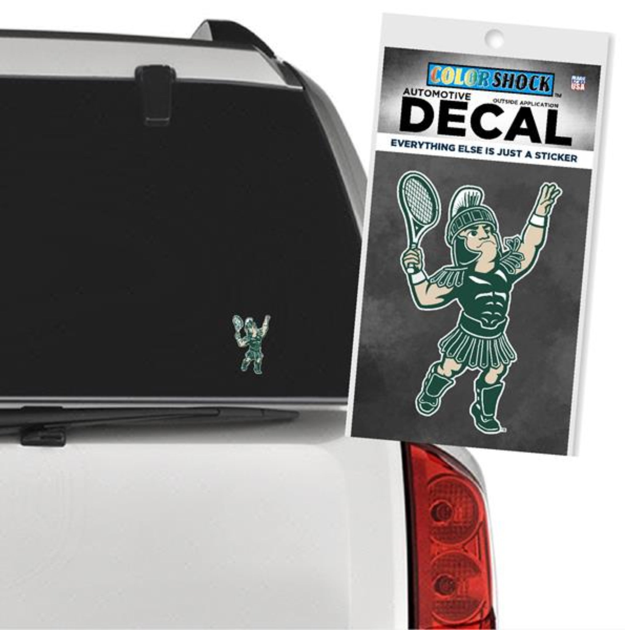 A car decal of Sparty playing tennis.