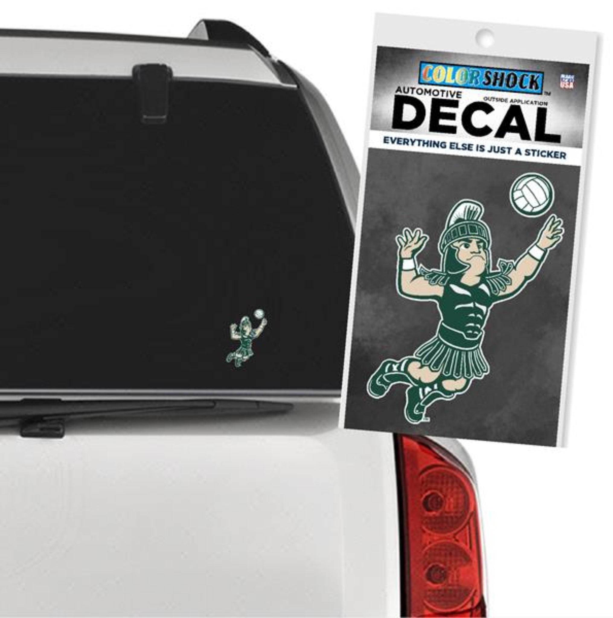 A car decal of Sparty playing volleyball.