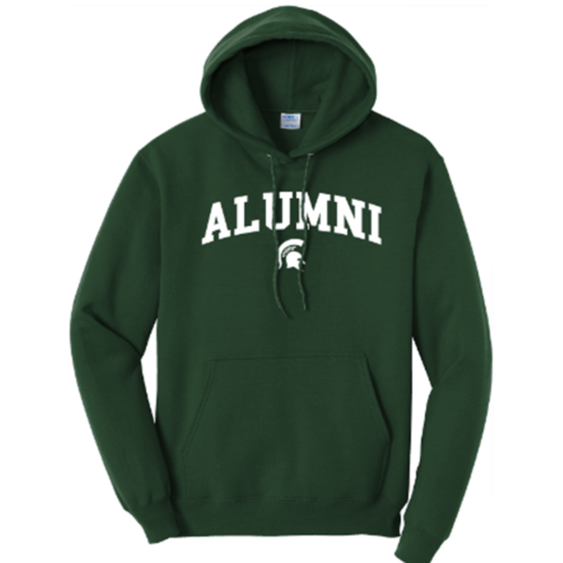 A dark green hooded and drawstring sweatshirt with the word "Alumni" displayed in the center in white in all caps. Underneath "Alumni" is a small, white Spartan Helmet logo.