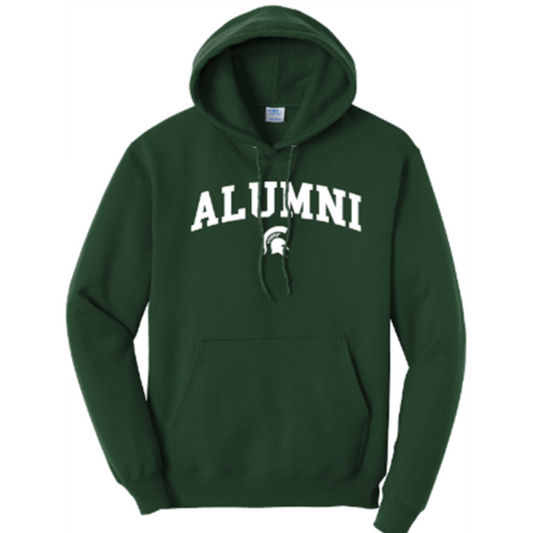 A dark green hooded and drawstring sweatshirt with the word "Alumni" displayed in the center in white in all caps. Underneath "Alumni" is a small, white Spartan helmet logo.