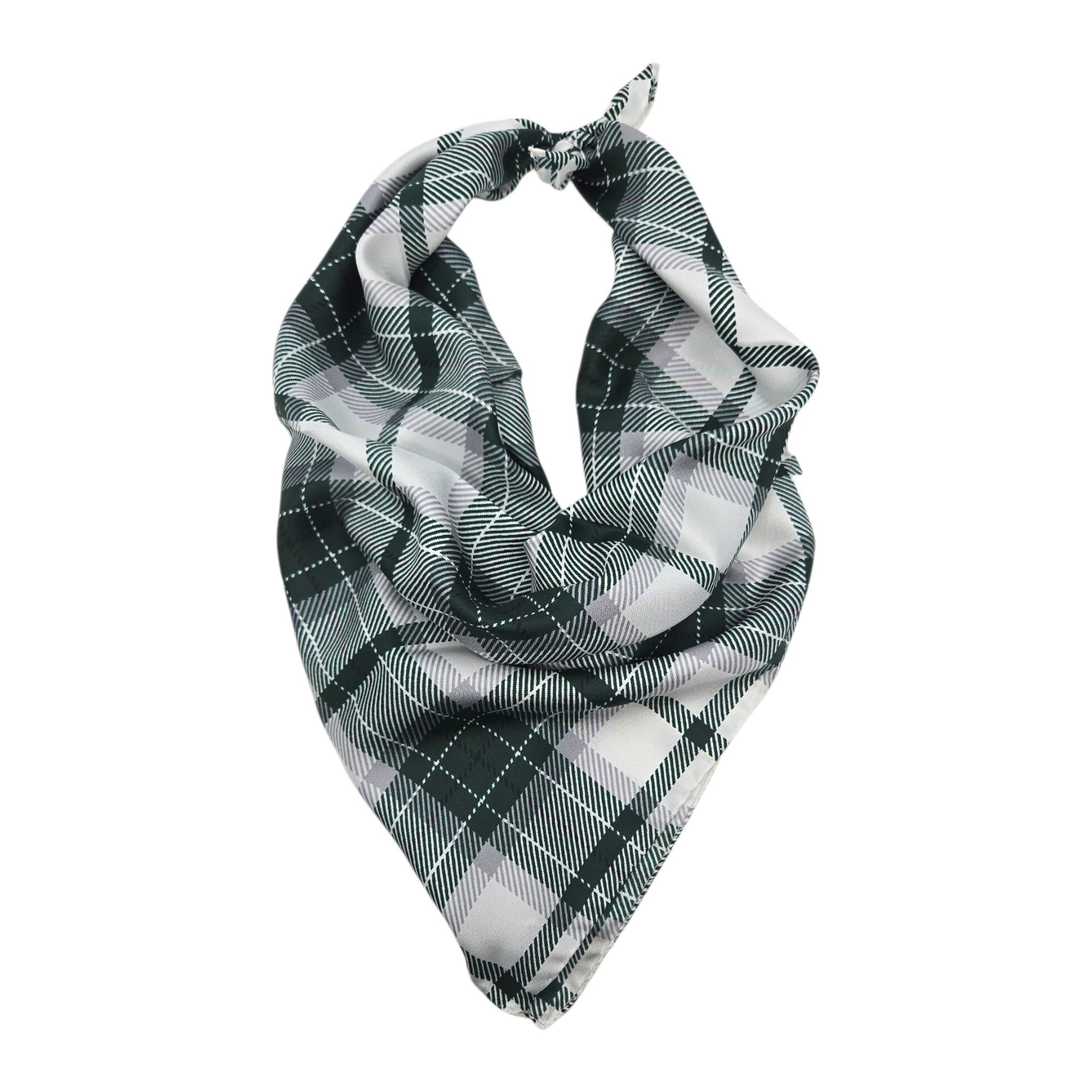 Green and white plaid patterned scarf tied. Shown on a white background.