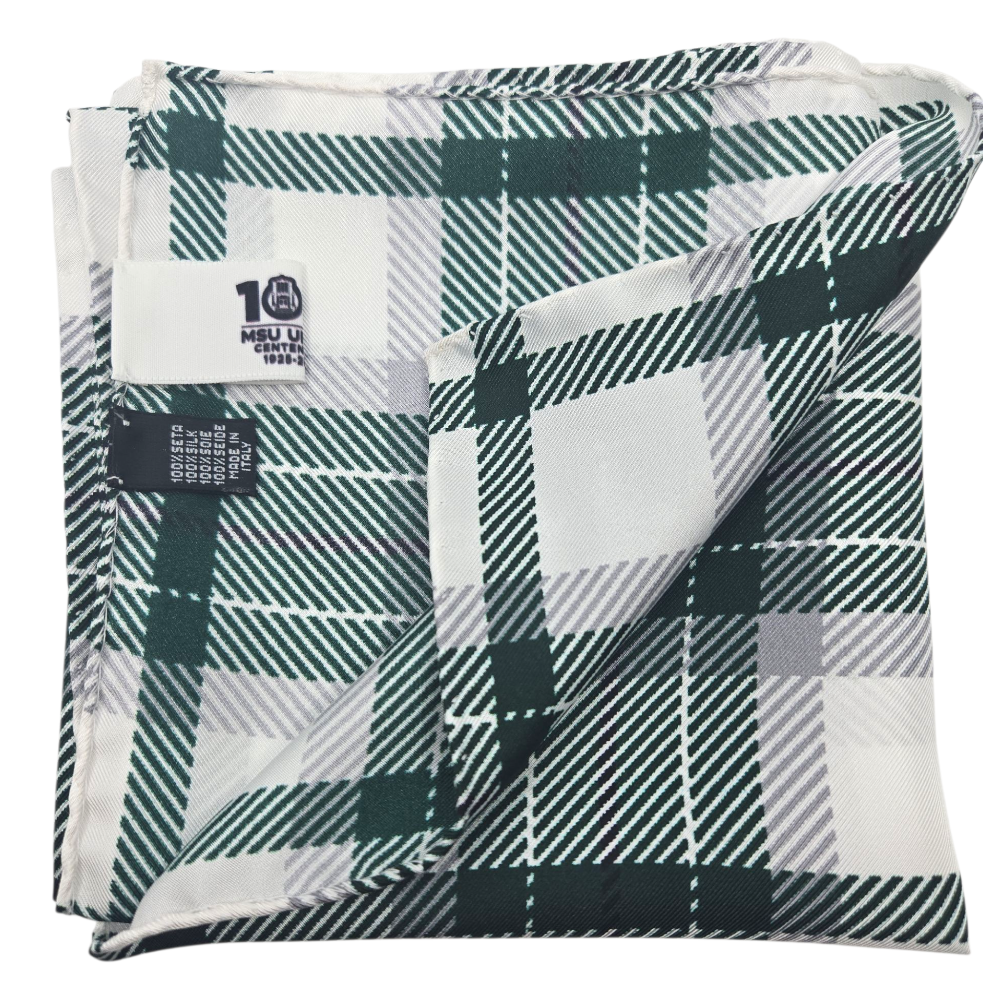 Green and white plaid scarf folded, showing the Union 100 year anniversary label. Shown on a white background.