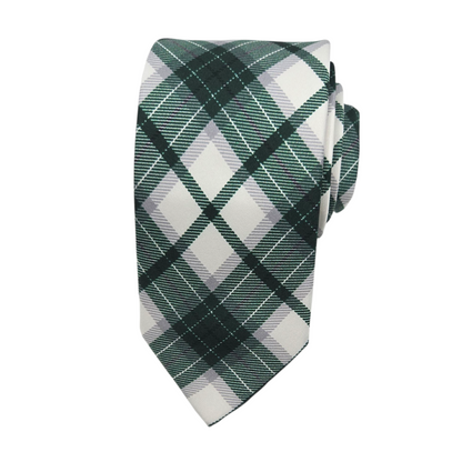 Green and white plaid tie rolled up. Shown on a white background.
