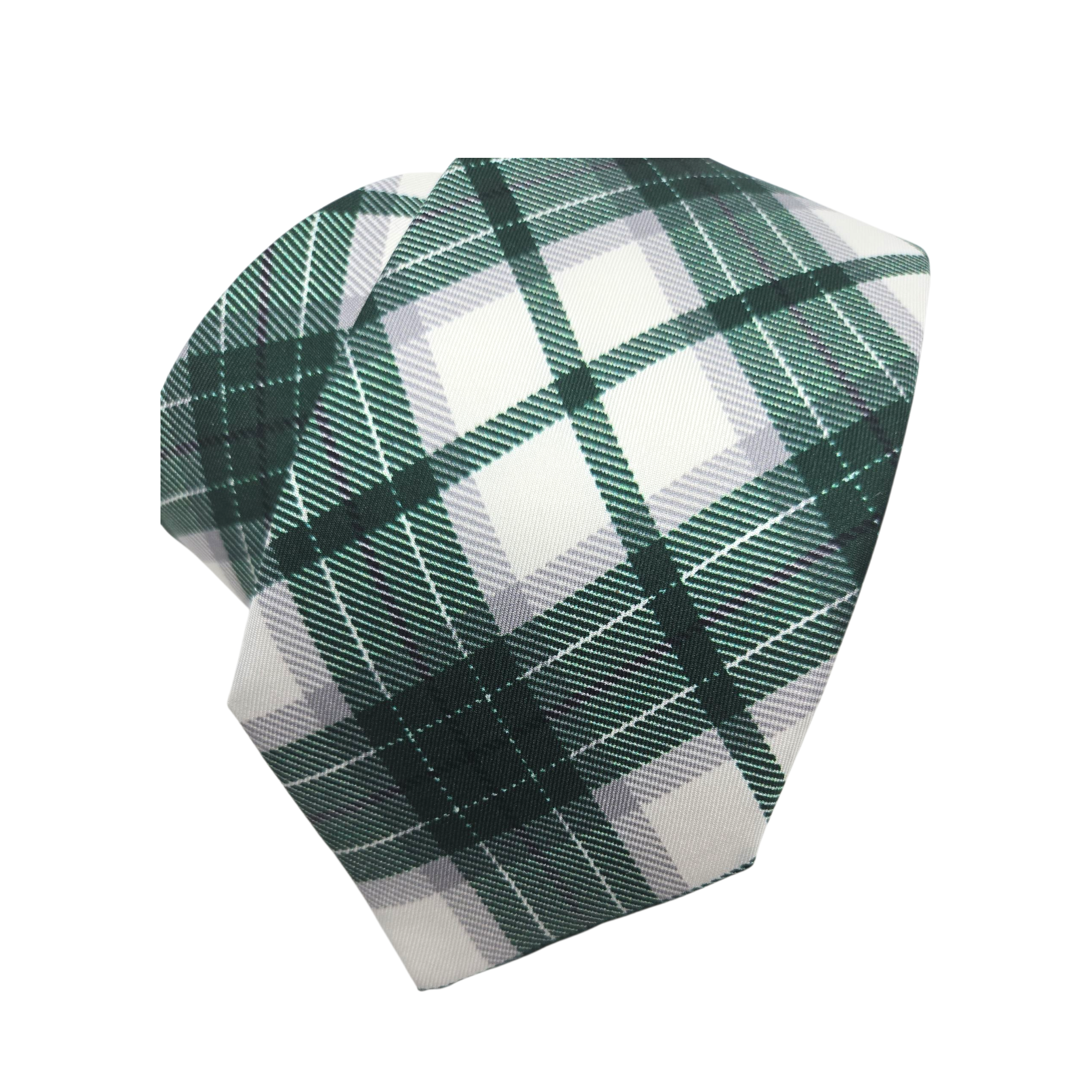 Green and white plaid tie rolled up. Shown on a white background.