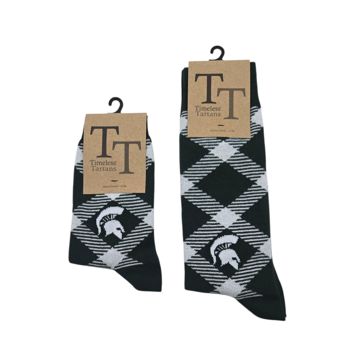Two pairs of green and white gingham socks with a Spartan Helmet logo, featuring the Timeless Tartans packaging and a white background.