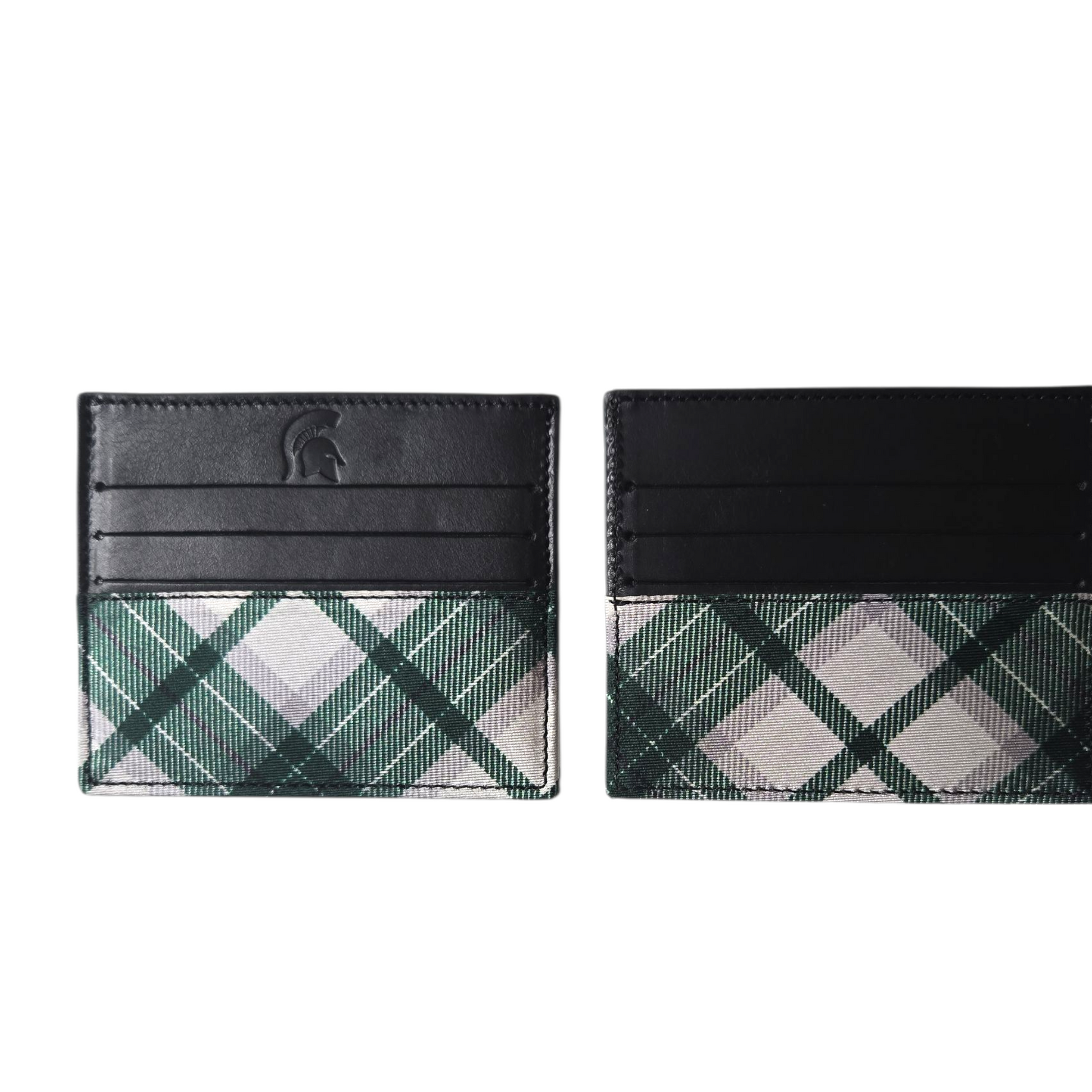 Front and back images of a cardholder with black top section, the Spartan Helmet logo, and green and white plaid pattern. Shown on a white background. 
