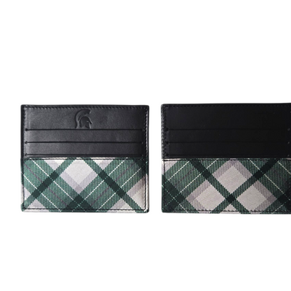 Front and back images of a cardholder with black top section, the Spartan Helmet logo, and green and white plaid pattern. Shown on a white background. 