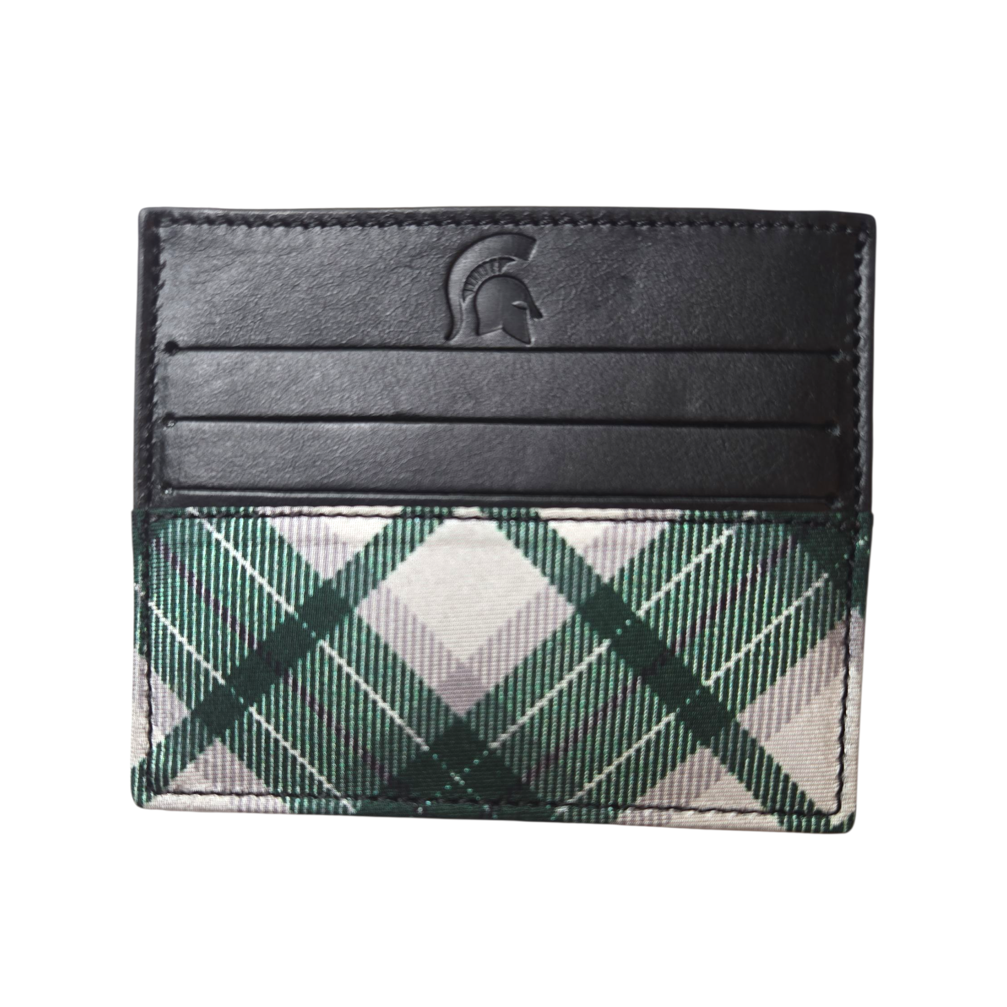 Cardholder with black top section, the Spartan helmet logo, and green and white plaid pattern. Shown on a white background. 