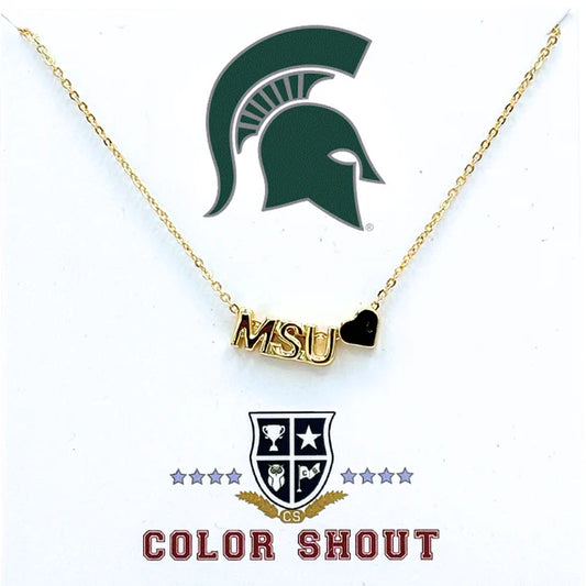 Gold necklace, plated in stainless steel 18k yellow gold that says "MSU" with a gold heart next to it. 