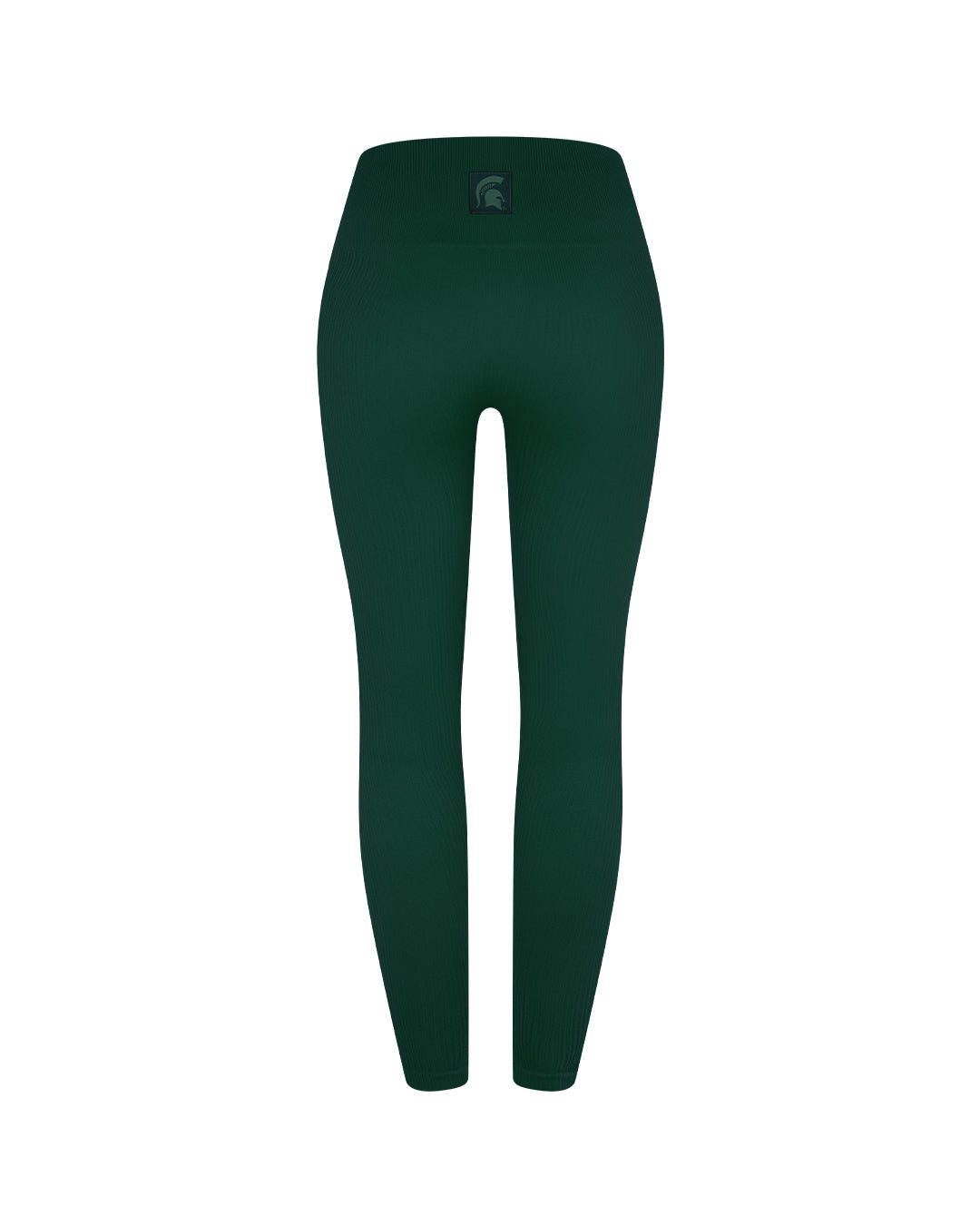 The back of a green pair of leggings with a Spartan Helmet logo on the center waistband.