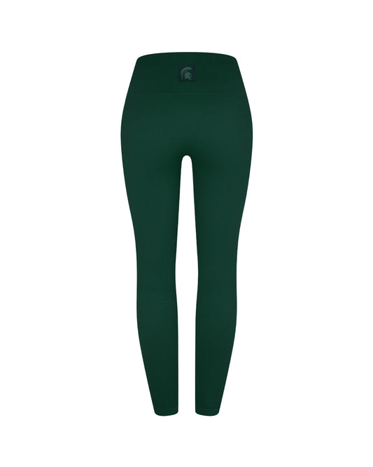 The back of a green pair of leggings with a Spartan Helmet logo on the center waistband.