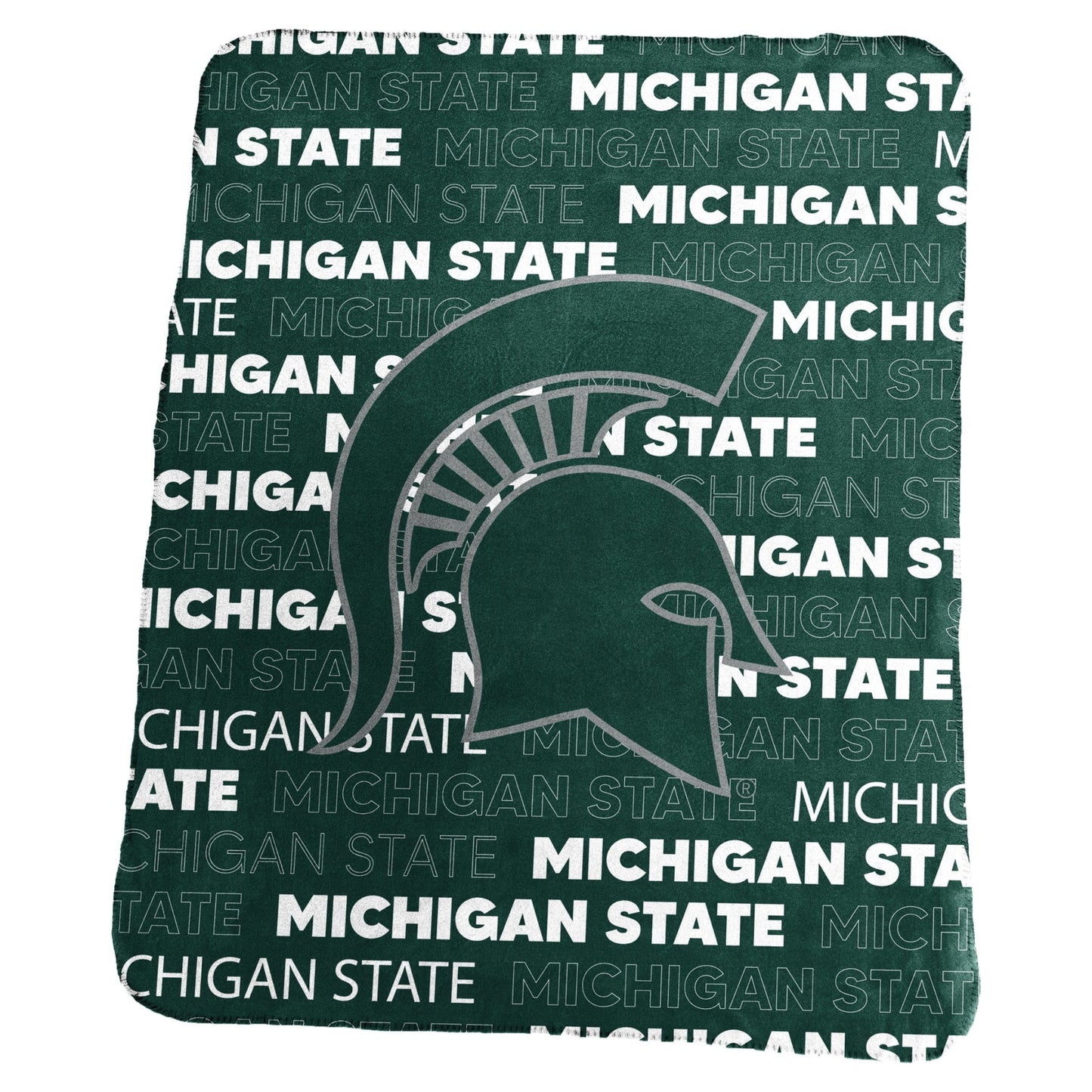 Green and white blanket with the words Michigan State repeated in various fonts. Center of blanket is a large green Spartan helmet outlined in grey. 