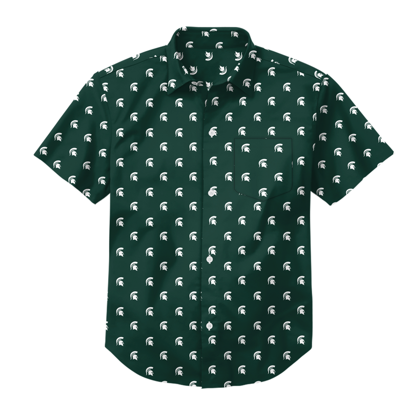 A green button-down shirt with an allover white Spartan helmet pattern.