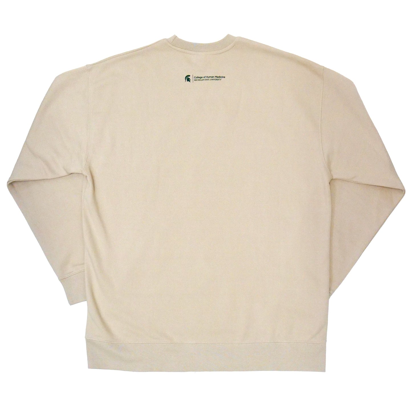 The back of a cream crewneck sweatshirt. On the top center there is a green Spartan Helmet logo with the words "College of Human Medicine, Michigan State University" written in green on the upper back in the center. 