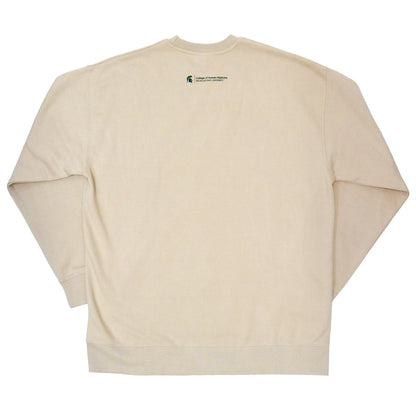 The back of a cream crewneck sweatshirt. On the top center there is a green Spartan Helmet logo with the words "College of Human Medicine, Michigan State University" written in green on the upper back in the center. 