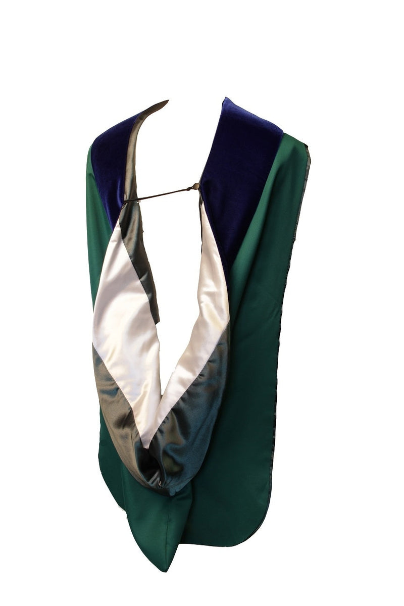 A doctoral hood with a green body, a white and Michigan State University green and white satin lining, and blue velvet degree or Ph.D.