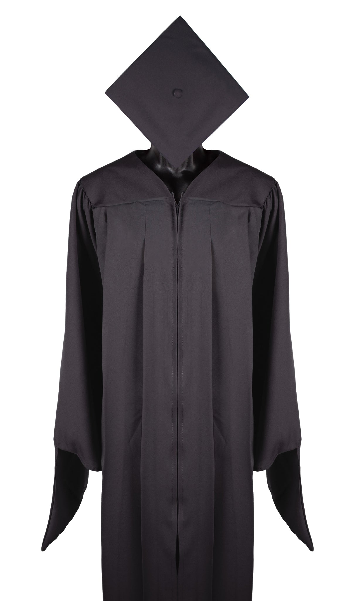 A black graduation gown with 'wings' connected to the ends of the sleeves. Black graduation cap. 