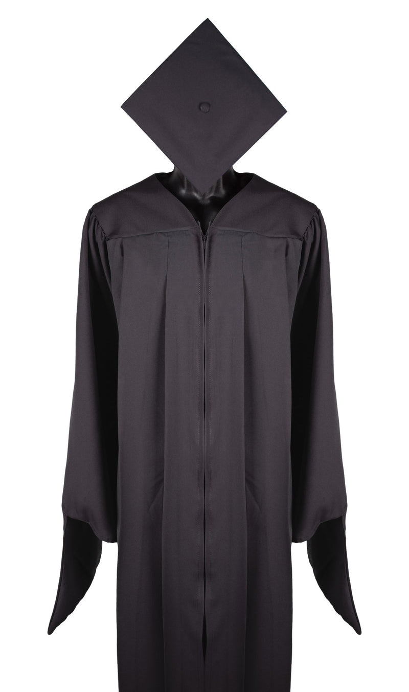 A black graduation gown with 'wings' connected to the ends of the sleeves. Black graduation cap. 