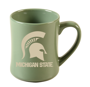 A green ceramic diner mug with a screen-printed graphic of a Spartan helmet and the text 'MICHIGAN STATE'.