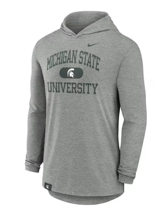 A gray hoodie with the words "Michigan State University" in green and a white Spartan Helmet in the middle.