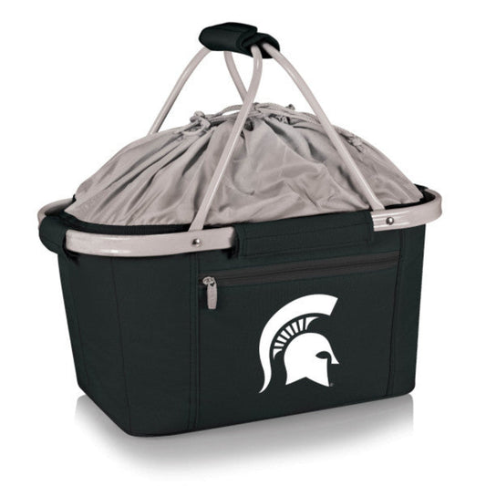 A green picnic basket with a white Spartan helmet logo on the side.