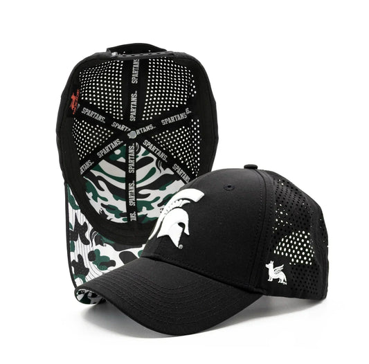 A black Michigan State Spartan Helmet hat with a camouflage pattern on the inside, featuring a white Spartan Helmet logo on the front.