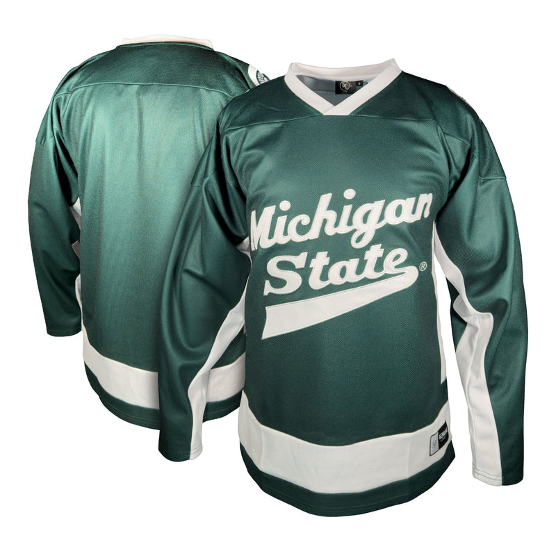 Front and back view of a green, long-sleeved hockey jersey with "Michigan State" on the chest in white. There are white accents at the neckline, under the arms, and around the hem.