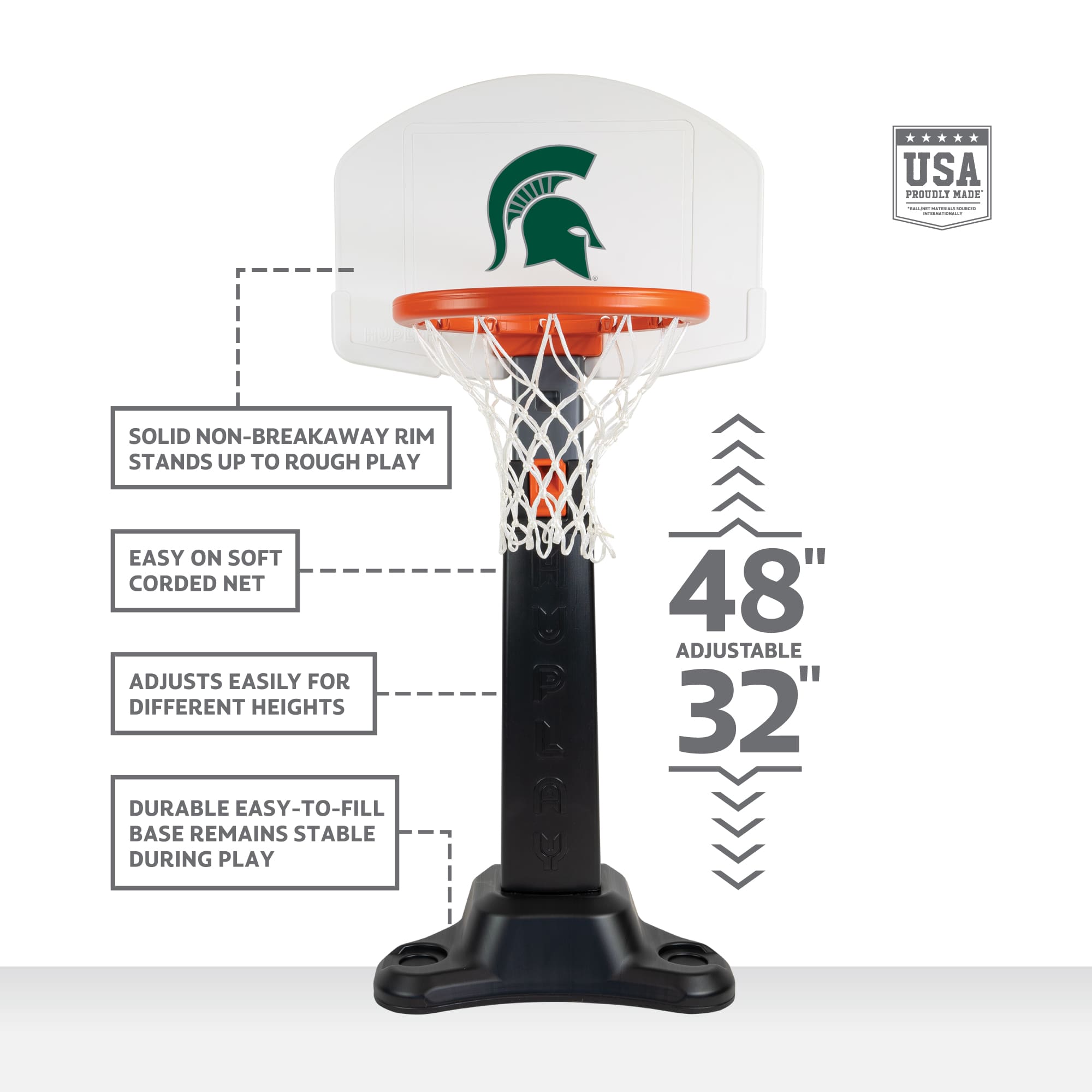 Portable basketball hoop with Spartan helmet on backboard.