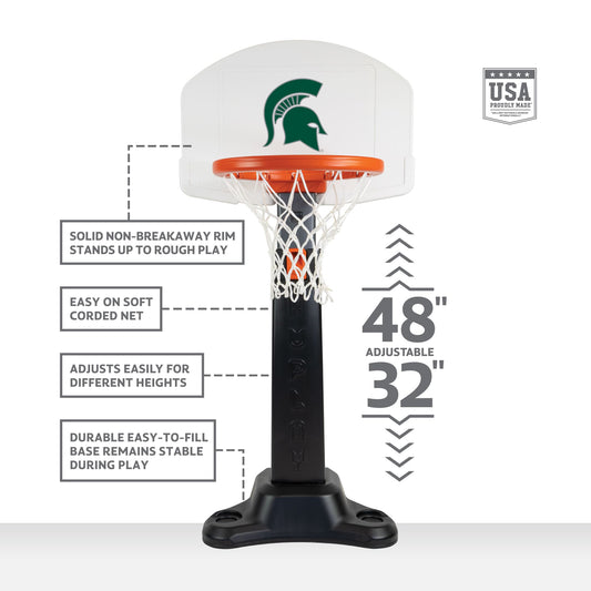 Portable basketball hoop with Spartan helmet on backboard.