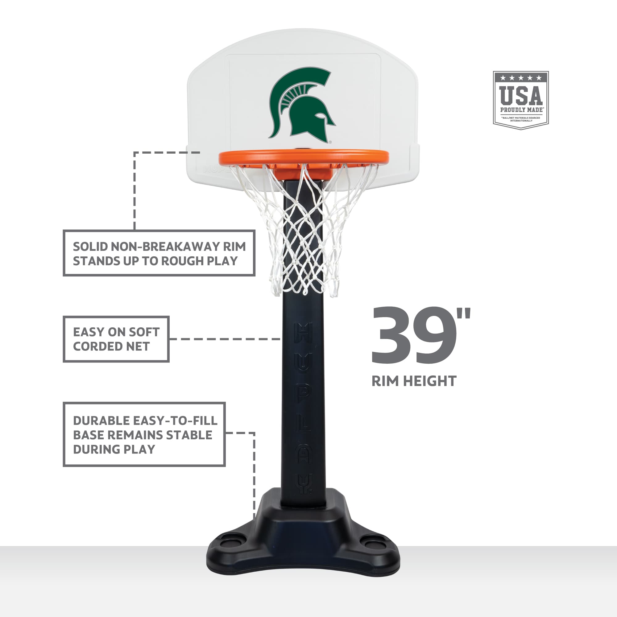 SPARTANS-themed portable basketball hoop with helmet logo.