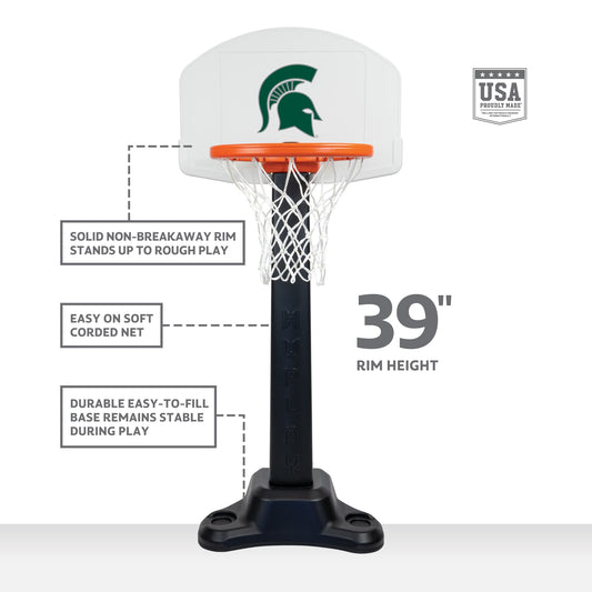SPARTANS-themed portable basketball hoop with helmet logo.