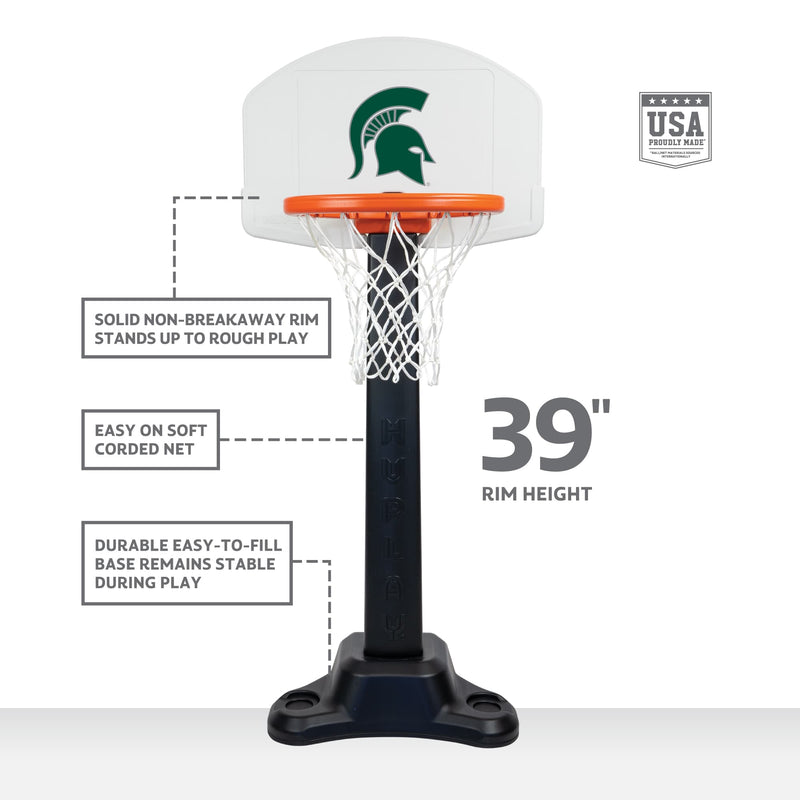 SPARTANS-themed portable basketball hoop with helmet logo.