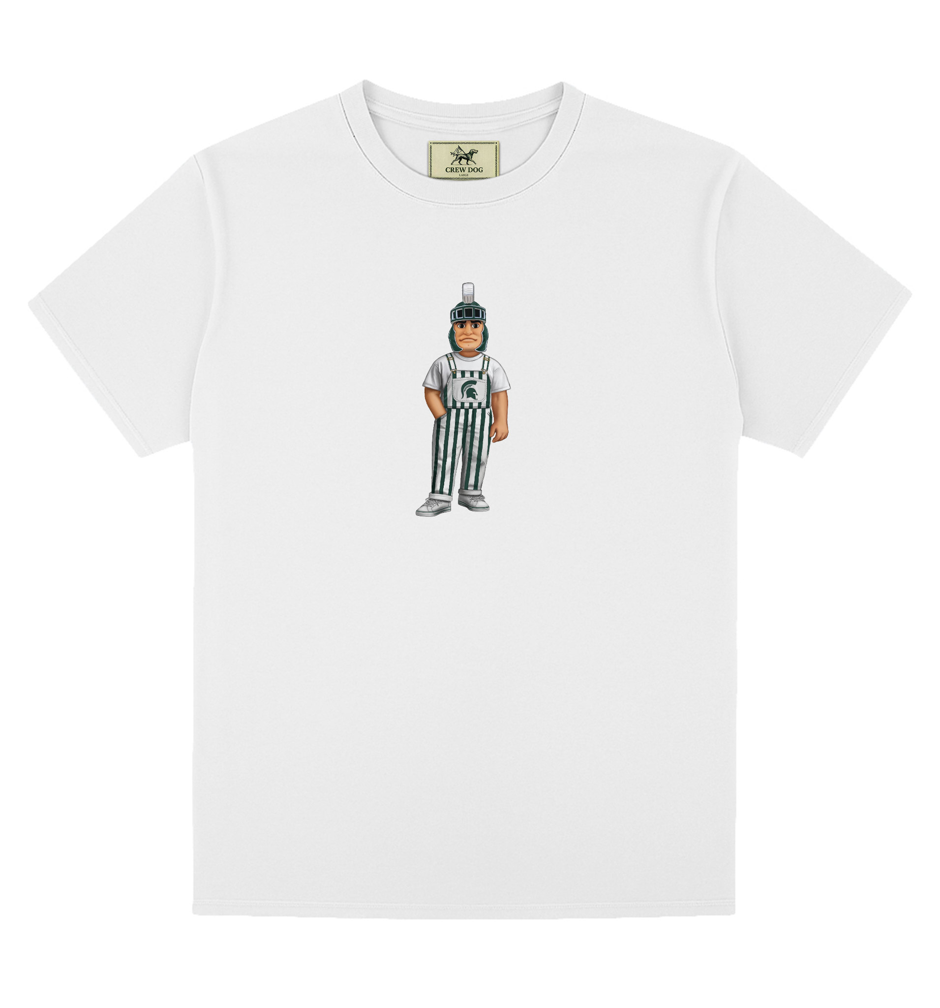 White short sleeve shirt with a screen sprinted Sparty. Sparty is wearing a pair of green and white vertically stripped overalls with a white space on chest of Sparty with a green helmet. 
