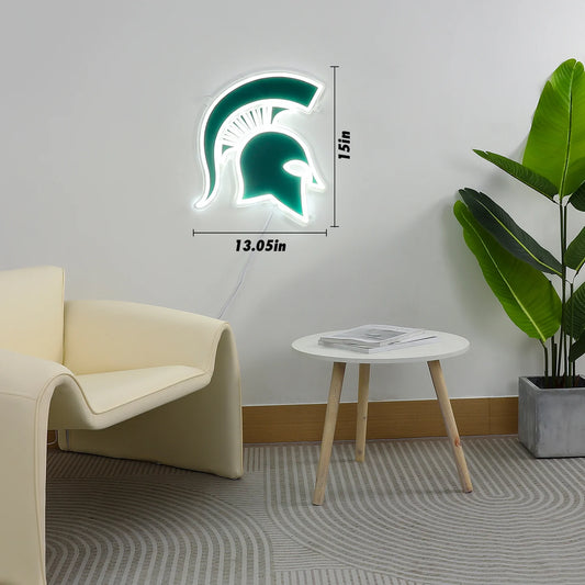 Green Spartan Helmet decorative wall light shown hanging on the wall. The height of the wall light is 15 inches and the width is 13.05 inches.