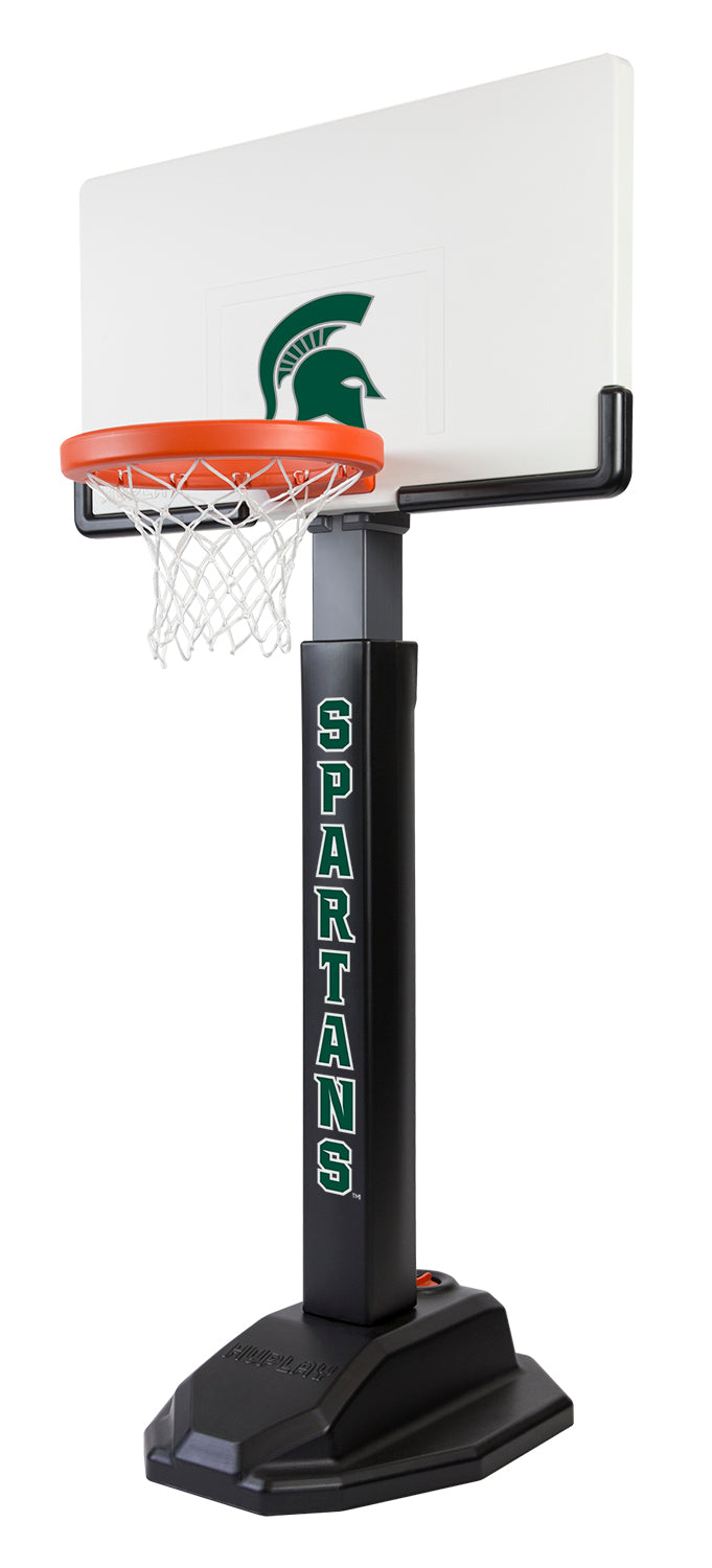 Portable basketball hoop with SPARTANS logo on pole and Spartan helmet on backboard.